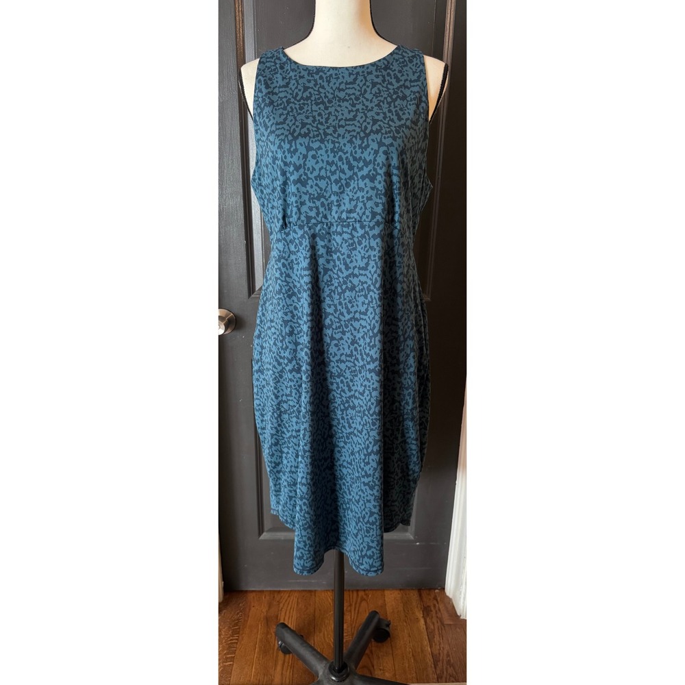 Prana Teal Navy Abstract Leopard Sleeveless Midi Dress Womens XL Excellent